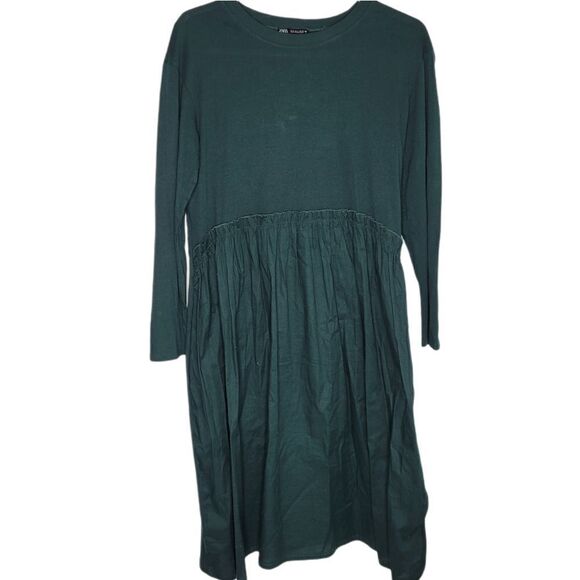 ZARA dress long sleeve forest green mixed media ruffle midi S - Picture 1 of 11